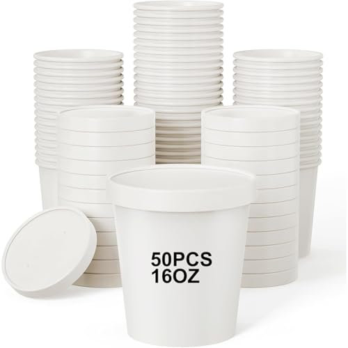 Bhina 50 Piezas Vasos de Papel para Sopa con Tapa, 460ml Vasos de Papel para Helado, Contenedores de Sopa de Paper, Taza Compostable Cuenco Cartón Kraft para Frutas Postre Aperitivos (Tapa Blanca)