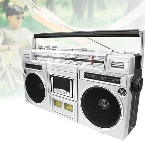 PPLDABNK Boombox à Cassette Portable, Lecteur CD RéTro Classique des AnnéEs 80, EntréE SD/USB, avec Radio AM/FM et Bluetooth, Enregistreur à Cassette pour RéUnions Famille, Voyages, Danse Rue,Silver