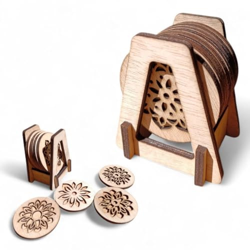 Set di 8 sottobicchieri in legno con supporto incluso | Design Mandala Inciso | Sottobicchieri rotondi per bevande calde e fredde | Accessori da cucina e da tavolo | Legno naturale