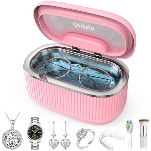 onlikin 35W Ultrasonic Jewelry Cleaner, 45KHz Retainer Cleaner for Jewelry, 5 Timer & 3 Power Modes, Eyeglasses, Rings, Watch Strap, Dentures - 20oz, 304 Stainless Steel Tank, Quiet <38dB (Pink)