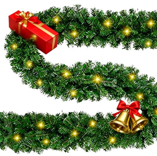 Jaxguom Weihnachtsgirlande mit Beleuchtung 5m 100 LEDs Beleuchtet Innen Außen Grün Weihnachtsdeko Weihnachten inkl.Deko Girlande Tannengirlande Warmweiß Christmas Decorations