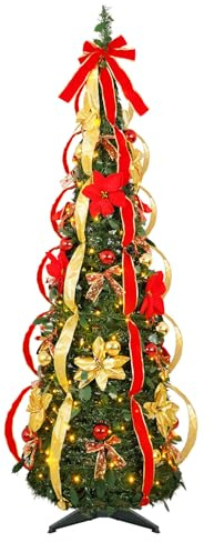 AGM 6ft Pop-Up Artificial Christmas Tree, Pre-Lit Pre-Decorated Xmas Tree | 200 Warm White LED Lights, Foldable Design for Indoor Christmas Trees, Christmas Decorations and Holiday Parties