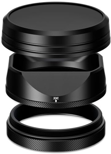 JJC Paraluce quadrato classico in metallo con anello adattatore da 49 mm + cappuccio per fotocamera Fujifilm X100VI X100V – Supporto filtro 49 mm – nero