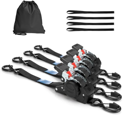 4 pezzi Cinghie a Cricchetto Retrattili, Avvolgitore di Cinghie Automatico | Cinghie a Cricchetto, Resistenza alla Rottura Massima di 700 kg, per Camion, Rimorchi, Moto, Biciclette e Altro, Nero