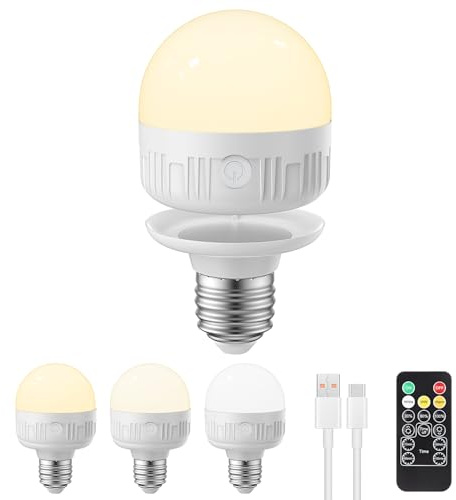 LGMCF Bombilla recargable E27 con mando a distancia, 8 W, batería regulable con función de temporización, 3 colores para lámparas no cableadas, luz de emergencia con magnético, 1 paquete