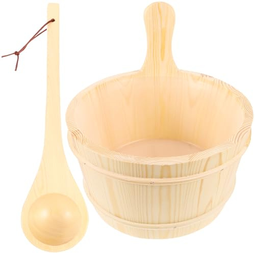 MAGICLULU Saunaeimer Holzfass Satz mit Kelle Natürlichem Holzgriff Sauna Spa Zubehör Bad Schwimmbad Massagebadewanne Hitzebeständig
