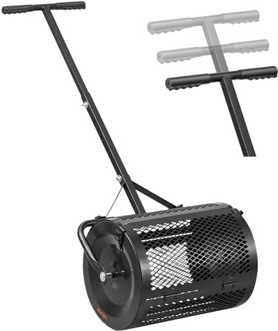VEVOR Compost Spreader, 16.5 Wide Peat Moss Spreader with T Shaped Handle, 3 Heights Adjustable, Powder-Coated Steel Garden Peat Moss Roller, Heavy Duty Grass Seed Roller for Planting Seeding, Black