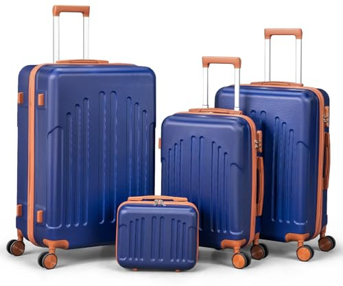 LEADZM Koffer Set 4 teilig Hartschale mit Kosmetikkoffer (Navy-Braun) | Kofferset aus ABS, Reisekoffer mit Rollen Groß, Handgepäck, Hartschalenkoffer Set, Koffer & Trolleys