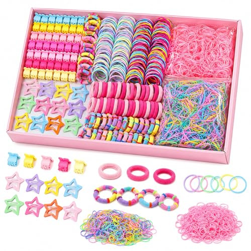 Caelura Haarschmuck Mädchen Set 875 Stück, Haargummis und Haarspangen Mädchen, Bunte Haarclips, Mini Gummibänder, Rosa Haarringe, Kinder Styling Zubehör für Alltag Geburtstag Party