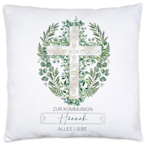 Personalisiertes Kommunion Kissen für Mädchen Jungen Kreuz Eukalyptus Design, Individuelles Geschenk zur Erstkommunion