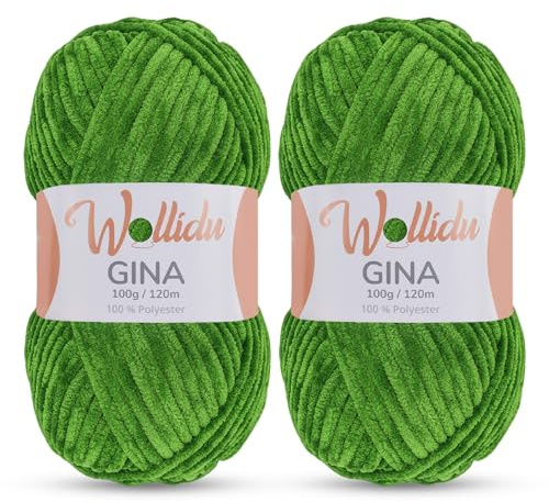 Wollidu Gina Chenille Wolle/Chenillegarn 2 × 100 g Set – 100% Polyester – je 120 m – Garnstärke 5 mm – zum Stricken & Häkeln – samtig-weiches Plüschgarn – Farbe Grün 0469
