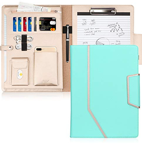 Toplive Schreibmappe A4 Konferenzmappe PU Leder Ordner Klemmbrett Dokumentenmappe, Kartenfächer, Visitenkartenetui- Perfekt als Konferenzmappe (Minzgrün)