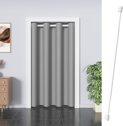 ACYOUNG Türvorhang mit Teleskopstange, einfache Montage ohne Bohren (Grau,200 x 150cm (HxB) und 70 bis 120 cm Teleskopstange)
