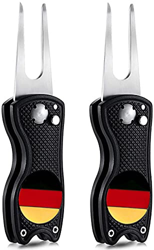 Golf Divot Tool Set Wert 4 Stück mit Magnet Ballmarker, Faltbare Metall Edelstahl Personalisiert Pitchgabel Putting Green Reparatur, Golfplatzgeräte Switchblade Werkzeug für Golfer (2 Stück Schwarz)