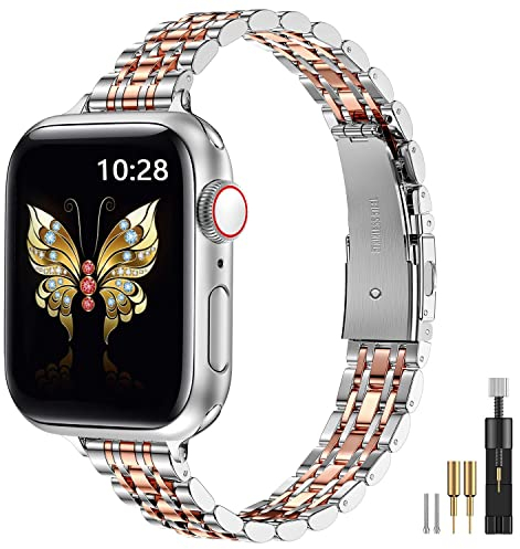 MioHHR Slim Straps Compatible with Apple Watch Strap 38mm 40mm 41mm 42mm(Series 10),Thin Stainless Steel Metal Chain Band for Women iWatch Straps Series 9 8 7 6 5 4 3 2 1 SE,Silver/Rose Gold