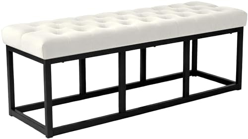 CLP Banco Polson, Moderno, Estructura de Metal Negro, Terciopelo capitoné, Protector de Suelos, para salón, Pasillo o Dormitorio, Color:Crema, Tamaño:120 cm