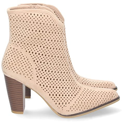 shoes&blues.es 69948-Botin de Tacon para Mujer, Comodos, de Punta Fina, con Calados, y Cierre de Cremallera, Primavera Verano 2023. Talla 40 Beige