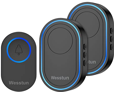 Wesstun Wireless Doorbell with 2 Receivers, IP67 Waterproof Door Chime Kit Operating at The Range of 300m, 2 Plug-in Door Bell Receivers with 39 Ringtones, LED Light & 5-Level Volume Control, Black