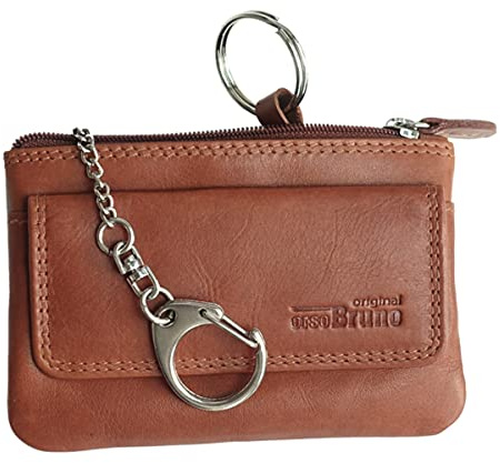Schlüsseltasche Leder braun Cognac Schlüsseletui Leder Schlüsselmäppchen für Damen und Herren + Karbiner und 2 Schlüsselringe + Münzfach