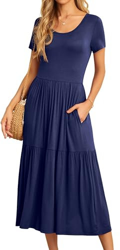 GRECERELLE Womens Summer Maxi Dress Casual Short Sleeve Crew Neck Swing Flowy Tiered Party Dresses with Pockets for Weddings, Holidays (Navy Blue, L)