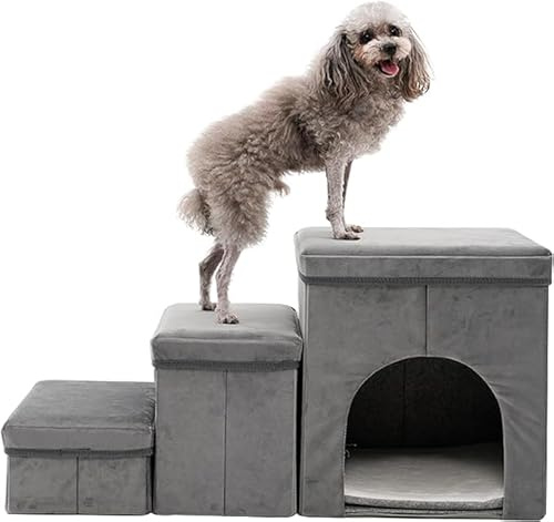 Dog Steps For Bed Sofa Dog Ramp Stairs 3-Step Non-slip Comfortable Pet Steps, Soft Lightweight Foam Ramp Ladder, Removable Washable Cover
