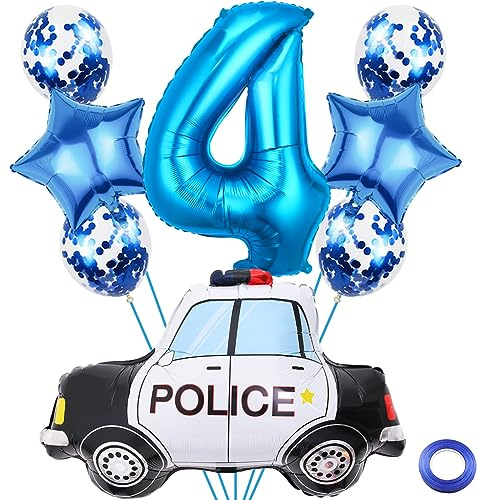 Liitata 4. Polizei Geburtstagsparty Deko Polizei Luftballon Set Blau Zahl 4 Folienballon Großes Polizeiauto Luftballon für Junge Geburtstag Party Motto Party Deko