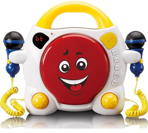 Lenco KCD-011 CD-Player Sing Along für Kinder - Bluetooth 5.0 - Antishock - LED-Display - Titelspeicher - 2 Mikrofone für Karaoke - AC- oder Batterie betrieben - mit Aufklebern