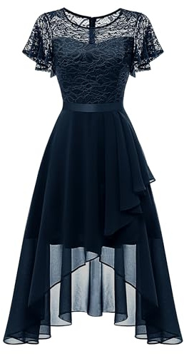 Wedtrend Vestido de noche elegante para mujer, vestido de cóctel de alta a baja, vestido de fiesta de línea A con encaje para boda, vestido corto festivo para mujer de línea A, vestido Vokuhila, azul