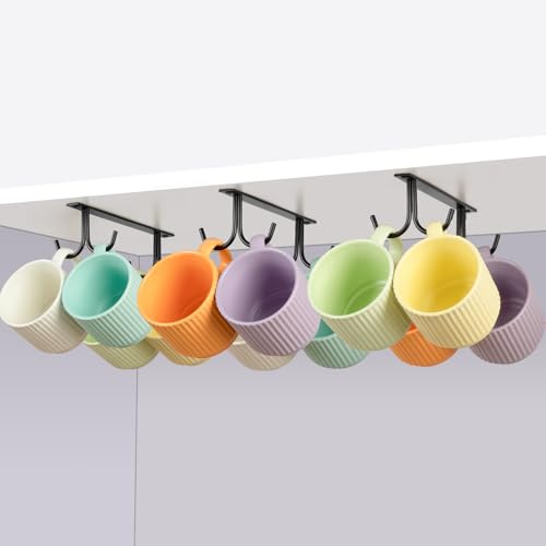 E-ROOM TREND Mug Holder | Under Cabinet/Shelf | 12 Hooks | Coffee Tea Cup Mug Holder/Cup Organizer/Mug Drying Display Rack for Kitchen Cabinet Cupboard Bar Utensils | 3 Packs Black (MHU3BK)