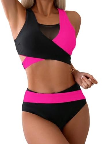 Rand Ensemble de sport transparent avec haut croisé et short taille haute pour femme, Noir et fuchsia, S