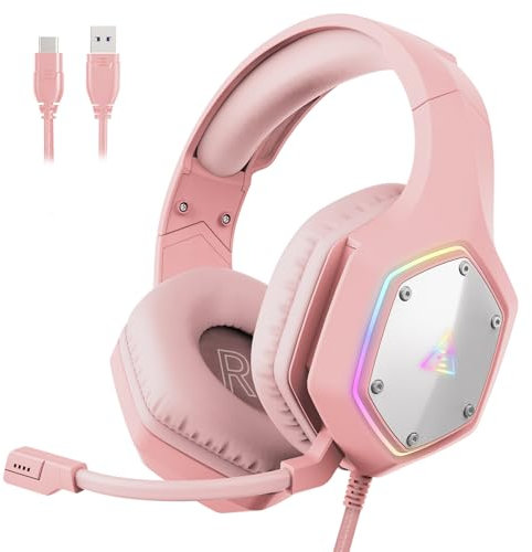 EKSA E1000V2 USB Gaming Headset for PC - Wired Computer Headphones with Microphone/Mic Noise Cancelling, 7.1 Surround Sound & RGB Light- Gaming Headphones for PS4/PS5 Console Laptop (Pink)