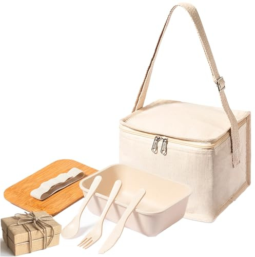 MUY CHULO Set de boîte à lunch 1 l avec couvercle en bambou et sac isotherme | Certifié Food Grade | Intérieur en aluminium | Fermeture sécurisée | Comprend couverts | Extra PosaMobile