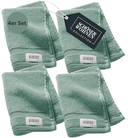 SCHÖNER WOHNEN Juego de 4 toallas de invitados de alta calidad, 30 x 50 cm, absorbentes, lujosas toallas de mano, color verde, 4 piezas, 100 % algodón, mullidas y suaves, combinables como juego de