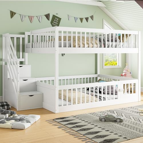 Merax Etagenbett 140x200 cm, Kinderbett mit Sicherheitstreppe, Holzeinzelbett mit Stauraumbett für Kinder und Jugendliche, Multifunktional, Platzsparend, Holzstruktur, Weiß (Ohne Matratze)