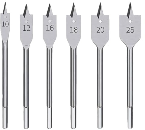 6Pcs Wood Flat Drill Bits Set, Hex Spade Shank Paddle Bits, Carbon Steel 10-25mm, for Drilling Plywood Plastics Chipboard Woodworking Hole Cutting Tools, Compatible with Drill Drivers and Hand Braces