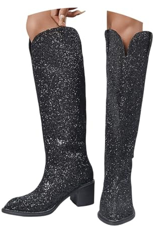 Generisch Bottes à paillettes pour femme - Longueur genou - Bottes de danse - Bottes d'équitation - Chaussures montantes - Bout rond - Bottes mi-longues - Bottes d'hiver et d'automne, O Noir., 41 EU