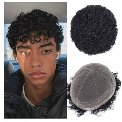 Uso Masculino Tupé Afro Rizado for Hombre, Sistema capilar con Base de Encaje francés Completo, 20 x 25 cm, línea Cabello Natural, prótesis for Cabeza de Peluca