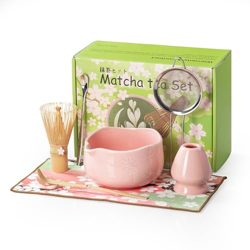 TIZU Juego de Té Matcha, 8 Piezas para Matcha con Batidor, Cuenco para Matcha con Pico, Cuchara, Colador, Regalo Tradicional Japonés para la Ceremonia del Té Amantes del Matcha (Rosa)
