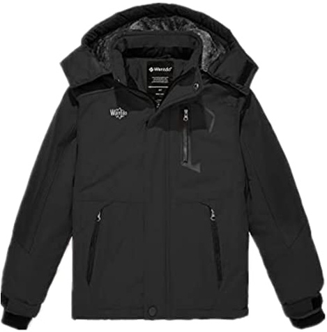 Wantdo Abrigo de Invierno Aislada con Vellón Chaqueta Capucha Desmontable a Prueba de Viento Parka Snowboard de Esquí Exteriores Chaqueta de Montaña de Senderismo para Niño Negro 128-134