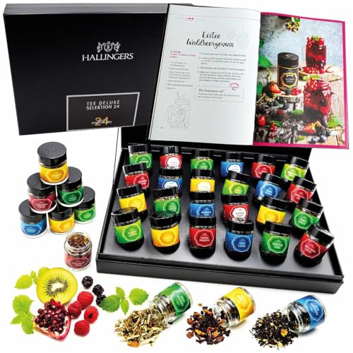 Hallingers Genuss Manufaktur Tee Geschenk-Set - 24 Sorten premium loser Tee Probierset in edler Geschenkbox mit Rezept-Booklet 24er Tee-Set & ..., Geschenkidee für Frauen Männer