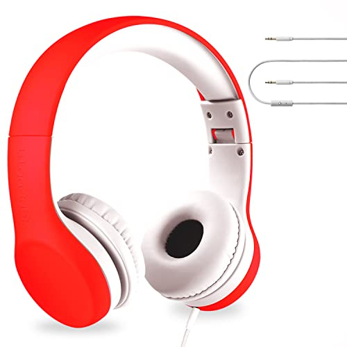 LilGadgets Connect+ Foldable Headphones, Adjustable Fit Soft Touch Padding for Kids with Mic, Volume-Limited & Noise Reduction On-Ear Wired Headset for School with SharePort - Red, Ages 3-14