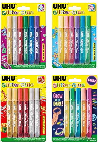 UHU Glitter Glue, Glitzerkleber zum Basteln in Röhre mit feiner Dosierspitze, 23 x 10 ml, Mehrfarbig, Wasserfest, Harz, Klebstoff