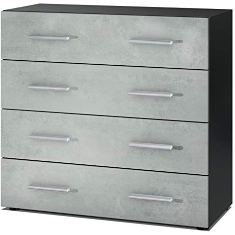 Vladon Sideboard Pavos, Kommode mit 4 Schubladen, Schwarz matt/Beton Oxid Optik (76 x 72 x 35 cm)