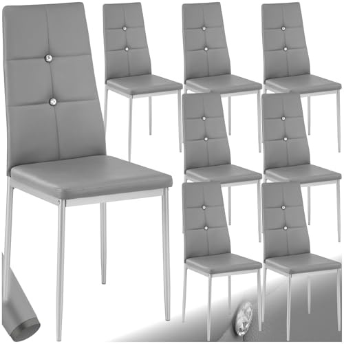 tectake® 8er Set Stühle Esszimmer, 8X bequemer Stuhl Kunstleder mit Glitzersteinen, Esszimmerstühle, Polsterstuhl für Wohnzimmer, Dining Table, Küchentisch, Essstühle, hohe Rückenlehne - grau