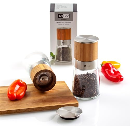 AdHoc Akasia Pfeffer- & Salzmühlen Geschenk Set aus Glas & Akazienholz | Gewürzmühlen mit CeraCut Keramikmahlwerk, stufenlos verstellbar von fein bis grob, inkl. Pfeffer- & Salzfüllung