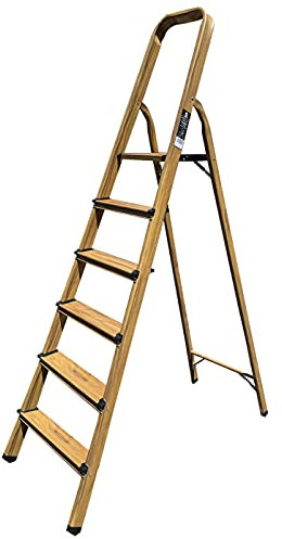 K•LUTECH - Sgabello con gradini per la casa, sgabello con gradini, realizzato in alluminio finitura legno (rovere naturale)... (6 gradini (altezza di lavoro 2,67m))
