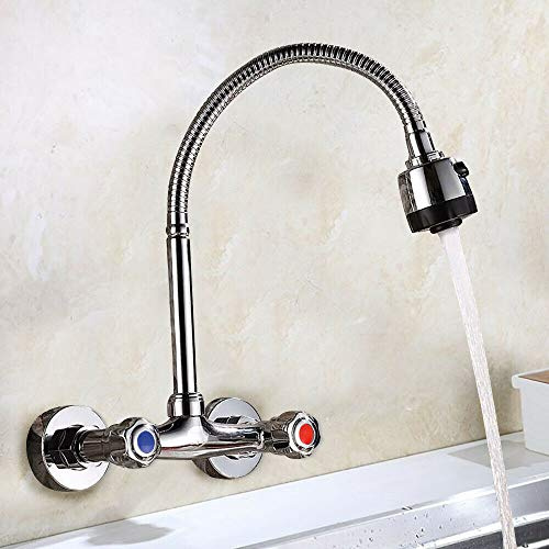 Küchenarmatur Wandmontage, 360° Drehbar Mischbatterie mit Einstellbares Montageloch (130mm-170mm), Küche Wasserhahn Spültischbatterie Armatur Messing Wandarmatur Küchenhahn