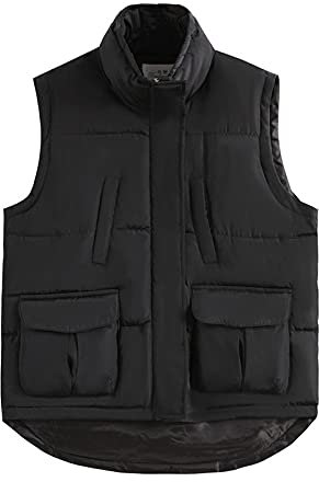 &ET Daunenweste Damen,Damen Weste Schwarz Stehkragen Slim Warm Ärmellose Steppjacke Mit Reißverschluss Gepolsterte Taschen Winter Baumwollweste Weste Für Mädchen Damen,L