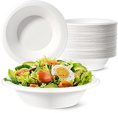 GREENESAGE Paper Bowls Disposable Bowls 20oz 100 Pack - Eco-Friendly, Sugarcane Strong White Big Bowls 100% Biodegradable and Compostable Soup Bowls for Party BBQ Picnic | Strong & heavy duty, compostable & biodegradable, for parties BBQs picnics