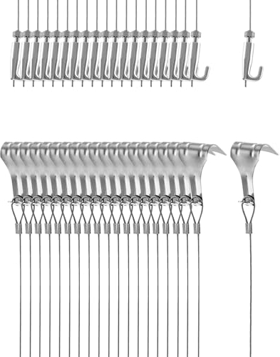 QWORK® Alambre Colgante para Colgar Cuadros Pinturas Fotos, Cable de Colgar de Acero Inoxidable de 2m x Ø1.5mm con Ganchos Ajustables y Gancho de Carril, 20 Piezas